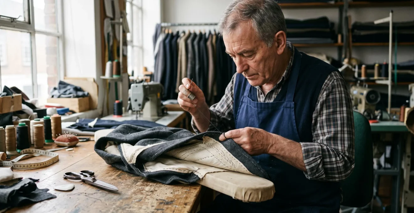 A tailor hand-stitches the lapel edge of a wool jacket on a work table in a daylight-lit workshop, with the canvas and lining visible inside the open garment.