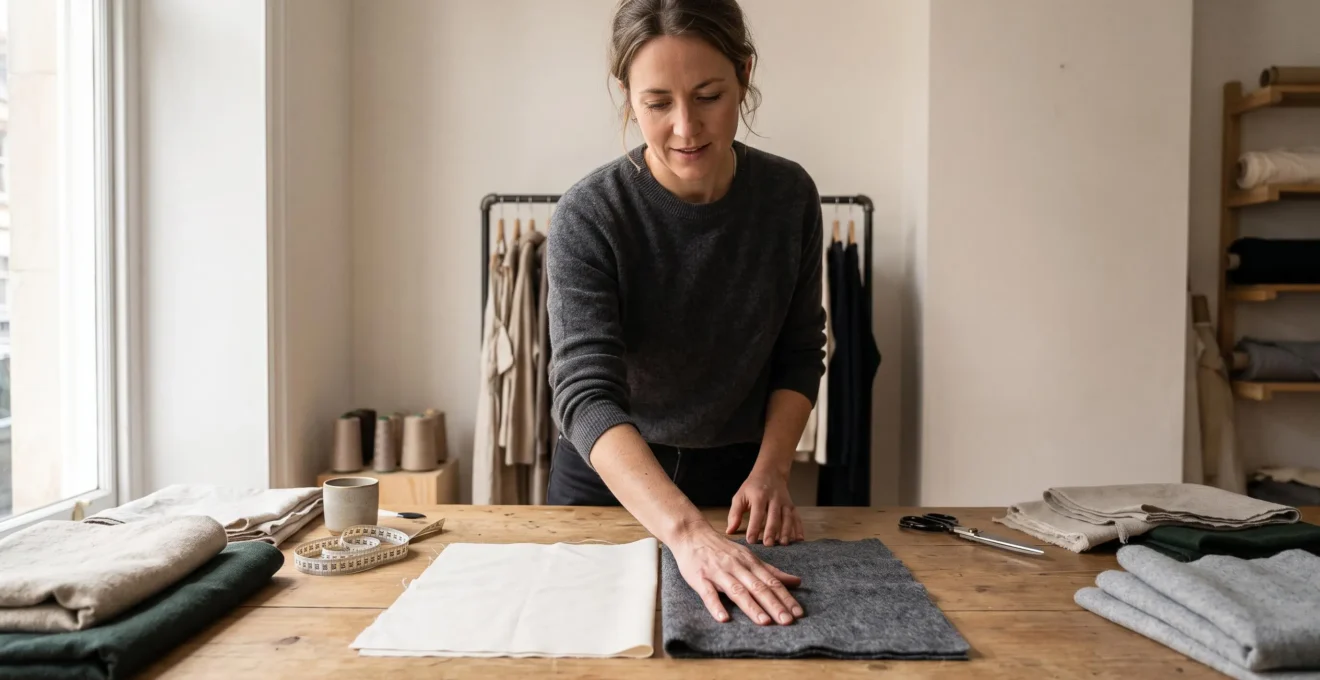 A woman comparing the texture of two fabric swatches by hand near a daylight window.